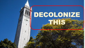 University building with text "Decolonize This" overlaying it
