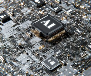 A microchip with the label "AI" sits on a motherboard.